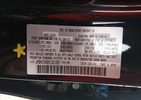 2025 Mazda Cx-90 3.3 Turbo Premium Sport z USA, uszkodzony, nr VIN JM3KKCHD6S1221263